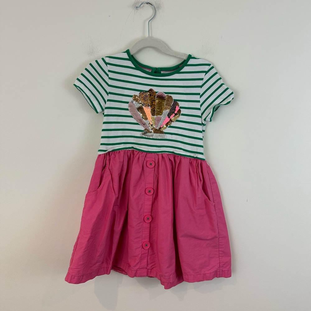 Mini Boden Girls Sequin Shell Stripe Dress Pink & Green Size 5-6Y